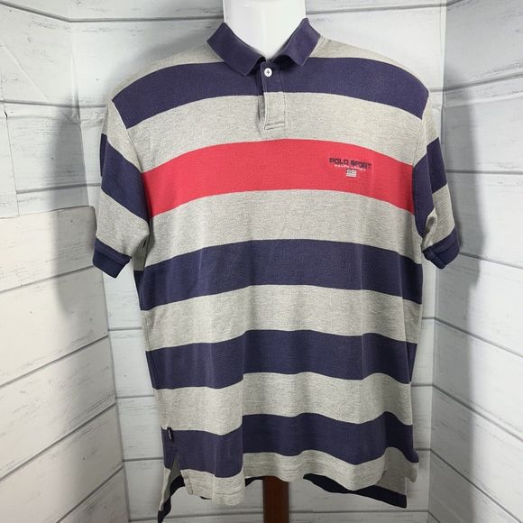 Ralph Lauren Polo Sport Vintage Men's Polo Shirt Striped Gray Purple Size Large - Picture 1 of 10